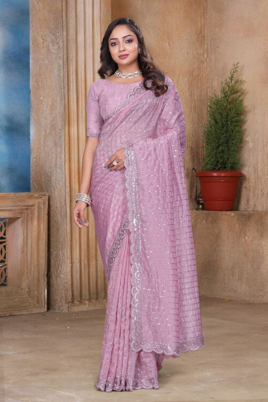 Light Pink Sequin Embroidered Gold Crush Saree with Designer Blouse