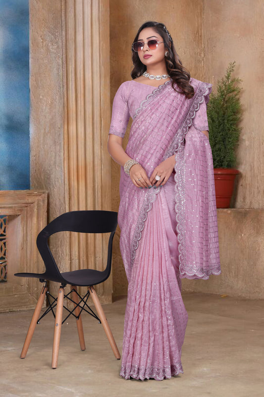 Light Pink Sequin Embroidered Gold Crush Saree with Designer Blouse