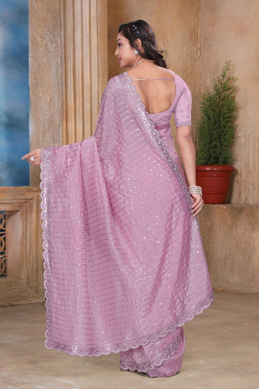 Light Pink Sequin Embroidered Gold Crush Saree with Designer Blouse