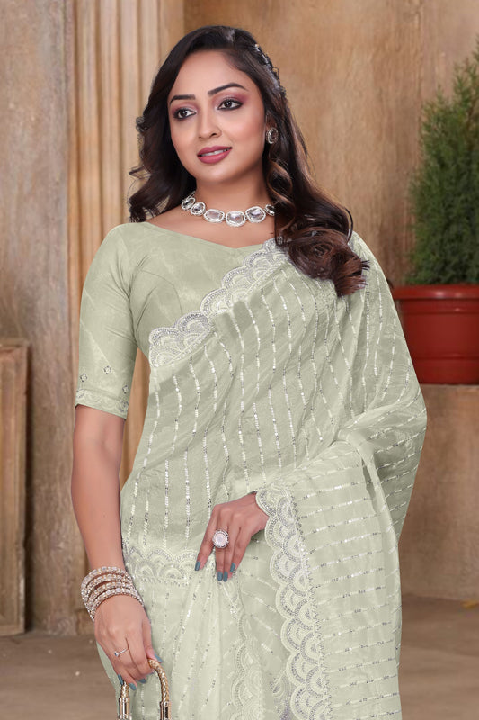 Light Pista Green Sequin Embroidered Gold Crush Saree with Designer Blouse