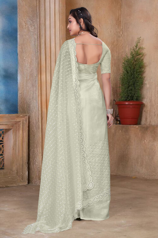 Light Pista Green Sequin Embroidered Gold Crush Saree with Designer Blouse