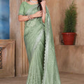 Olive Green Sequin Embroidered Gold Crush Saree with Designer Blouse