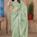 Olive Green Sequin Embroidered Gold Crush Saree with Designer Blouse