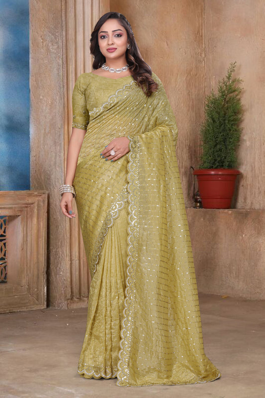 Mustard Yellow Sequin Embroidered Gold Crush Saree with Designer Blouse