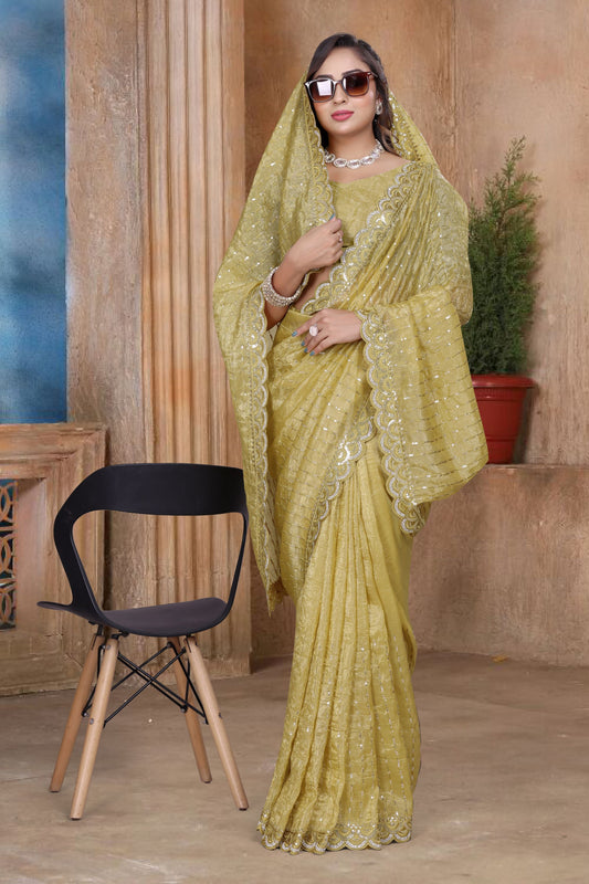 Mustard Yellow Sequin Embroidered Gold Crush Saree with Designer Blouse