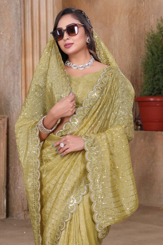 Mustard Yellow Sequin Embroidered Gold Crush Saree with Designer Blouse