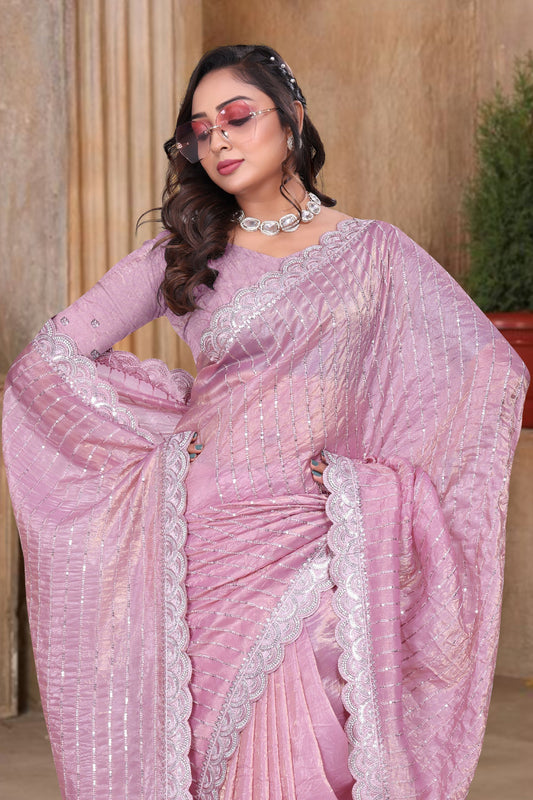 Rose Pink Sequin Embroidered Gold Crush Saree with Designer Blouse
