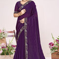  Purple Georgette Saree Golden Embroidery Border Designer Blouse 