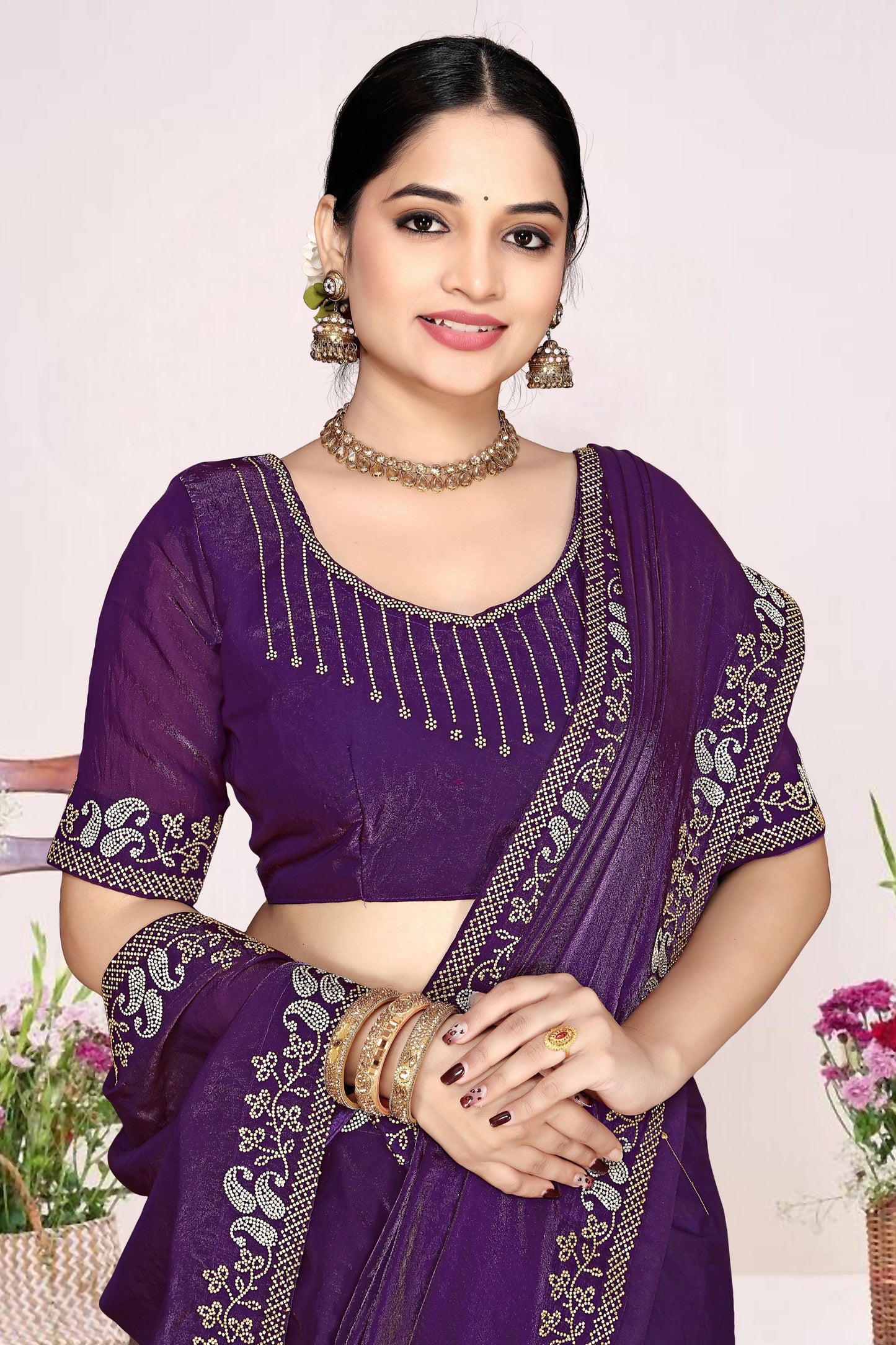 Purple Georgette Saree Golden Embroidery Border Designer Blouse