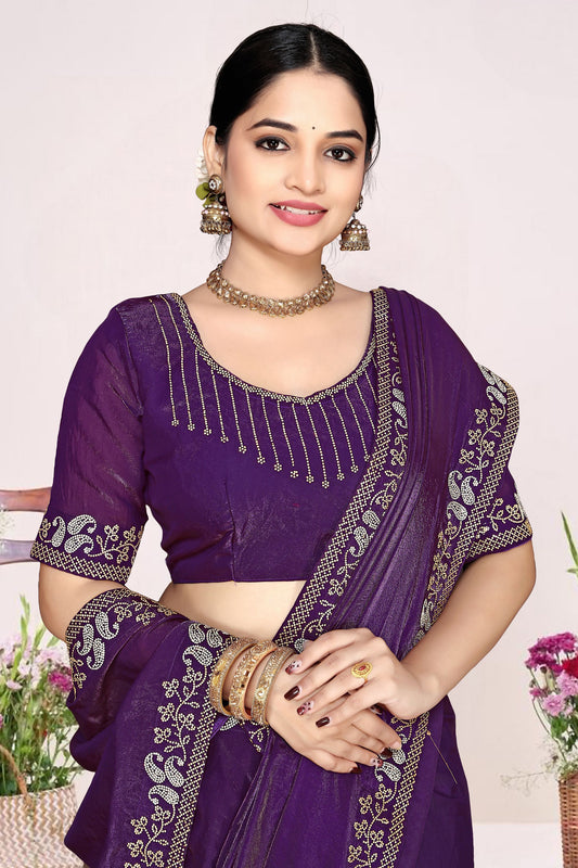Purple Georgette Saree Golden Embroidery Border Designer Blouse