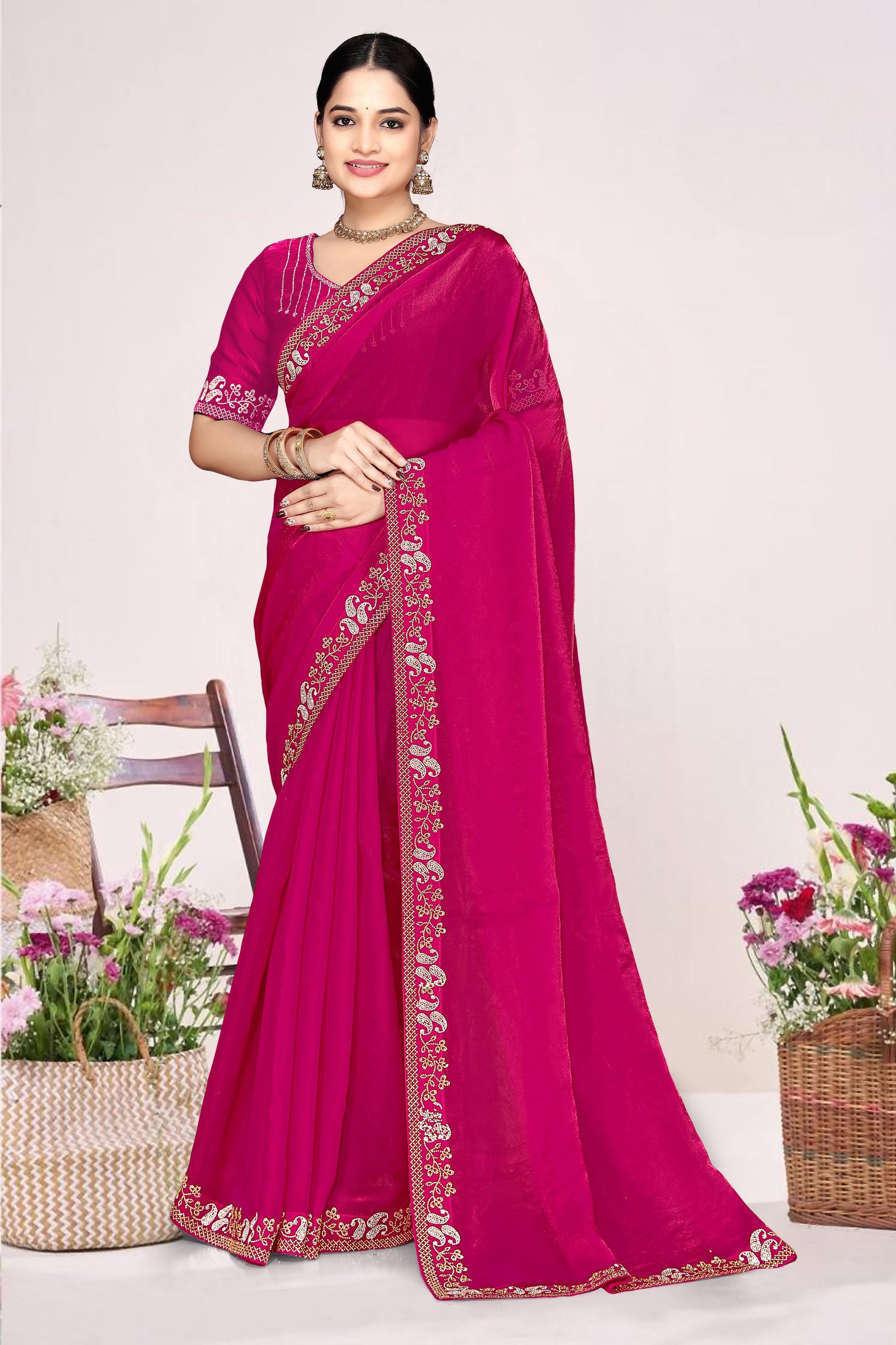 Rani Pink Georgette Saree Golden Embroidery Border Designer Blouse 