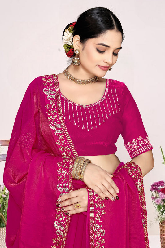 Rani Pink Georgette Saree Golden Embroidery Border Designer Blouse
