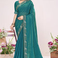 Teal Green Georgette Saree Golden Embroidery Border Designer Blouse