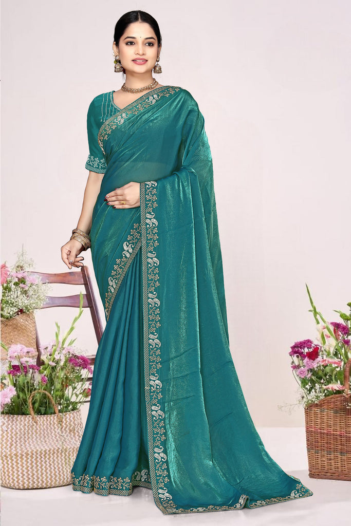 Teal Green Georgette Saree Golden Embroidery Border Designer Blouse
