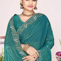Teal Green Georgette Saree Golden Embroidery Border Designer Blouse