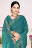Teal Green Georgette Saree Golden Embroidery Border Designer Blouse