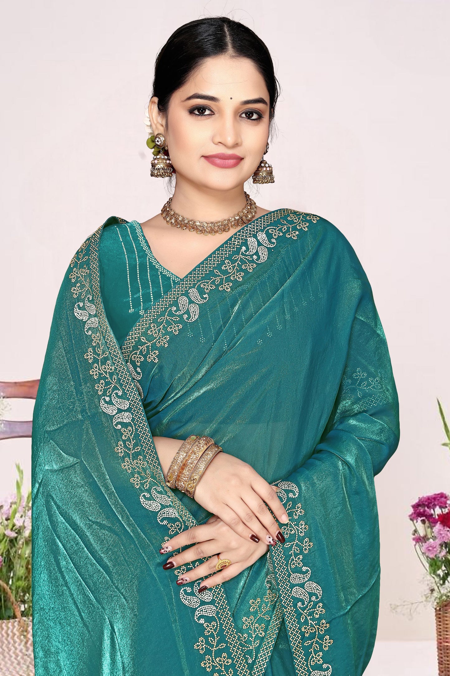 Teal Green Georgette Saree Golden Embroidery Border Designer Blouse