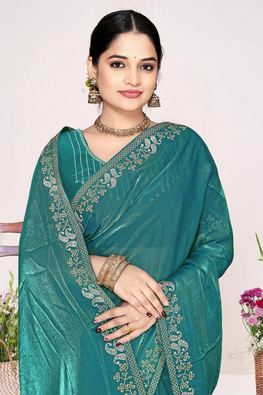 Teal Green Georgette Saree Golden Embroidery Border Designer Blouse