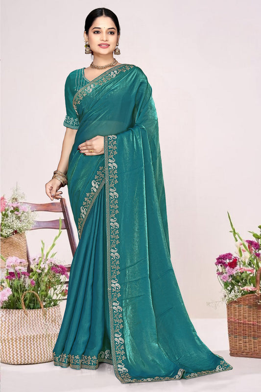 Teal Green Georgette Saree Golden Embroidery Border Designer Blouse