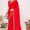 Designer Red Georgette Embroidered Saree Gold Border Blouse Piece