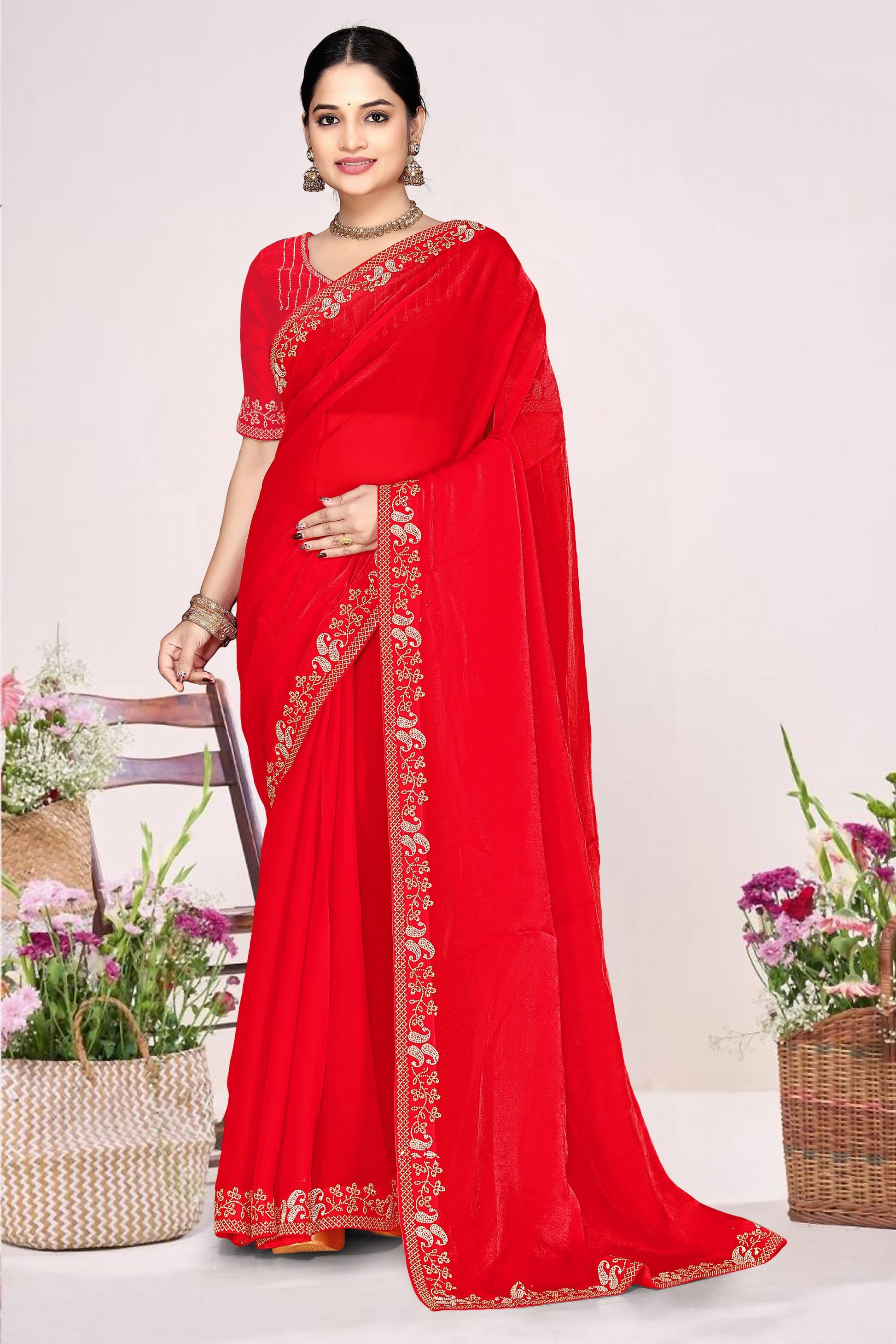 Designer Red Georgette Embroidered Saree Gold Border Blouse Piece