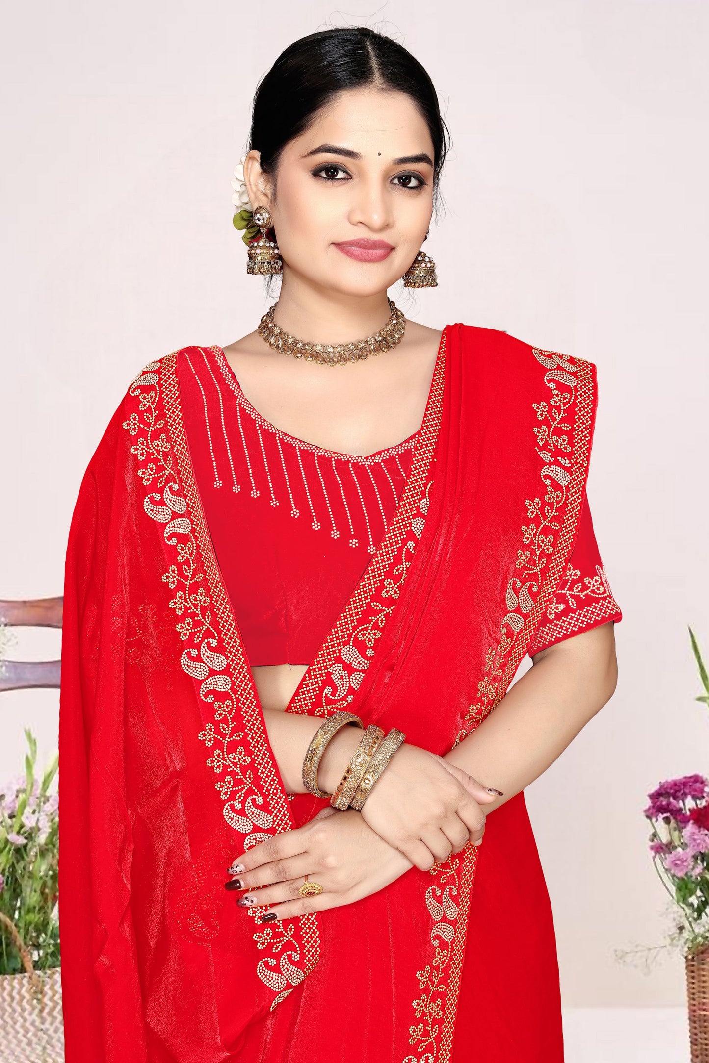Designer Red Georgette Embroidered Saree Gold Border Blouse Piece