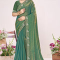Bottle Green Georgette Saree Golden Embroidery Border Designer Blouse