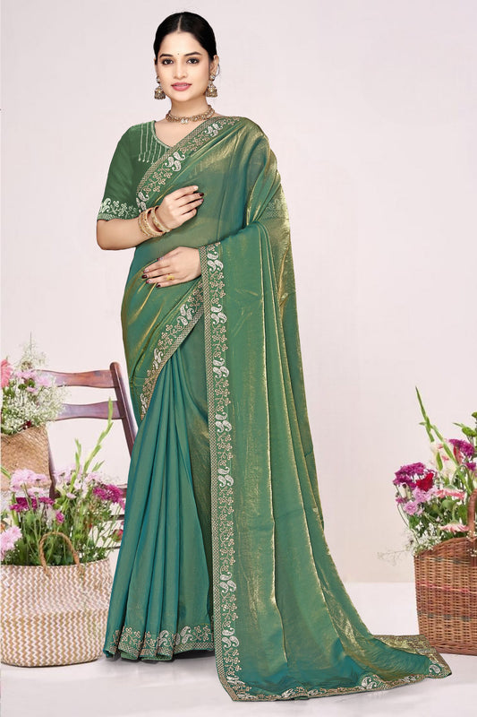 Bottle Green Georgette Saree Golden Embroidery Border Designer Blouse