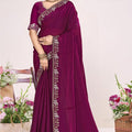 Wine Purple Georgette Saree Golden Embroidery BorderDesigner Blouse