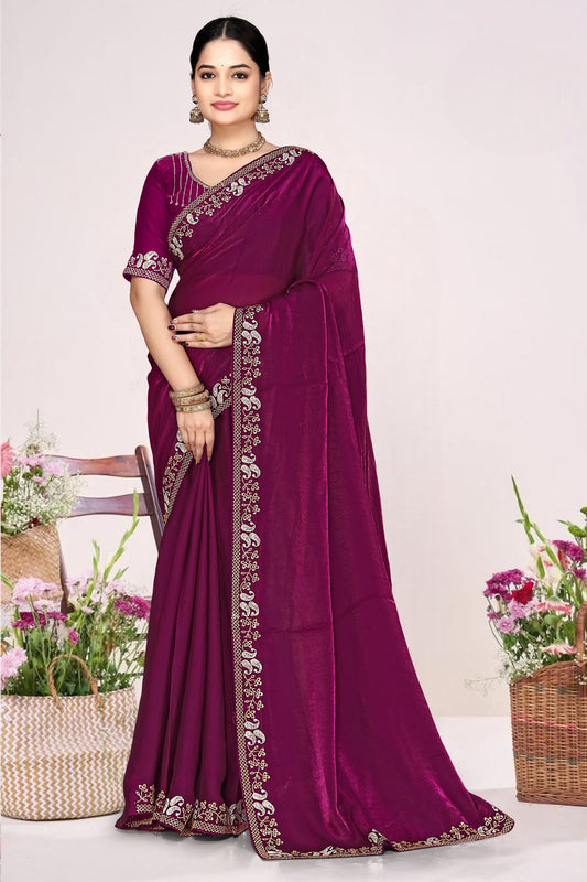 Wine Purple Georgette Saree Golden Embroidery BorderDesigner Blouse