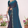 Teal Blue Georgette Saree with Golden Embroidery Border Designer Blouse