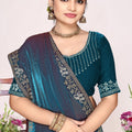 Teal Blue Georgette Saree with Golden Embroidery Border Designer Blouse