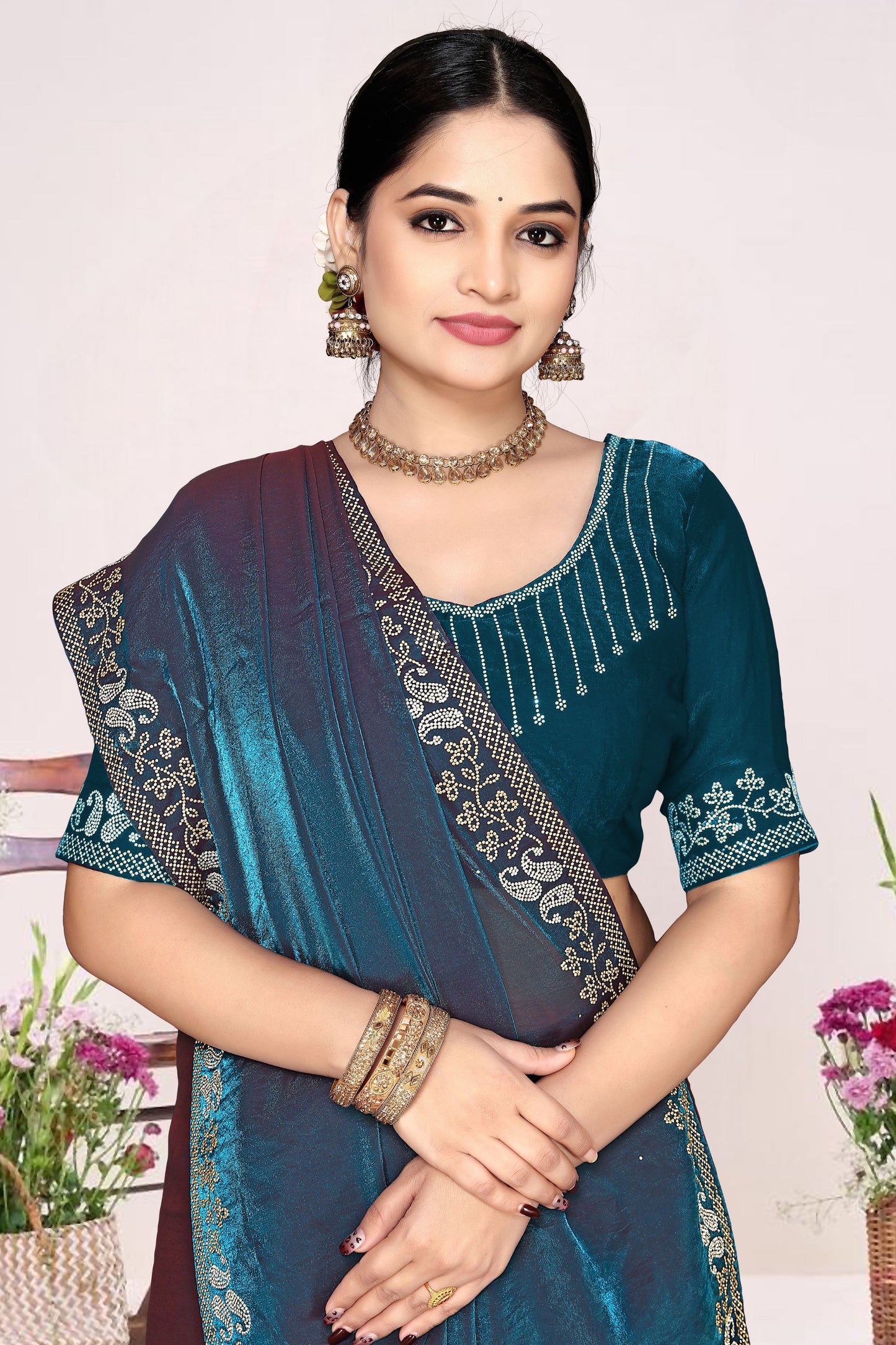 Teal Blue Georgette Saree with Golden Embroidery Border Designer Blouse