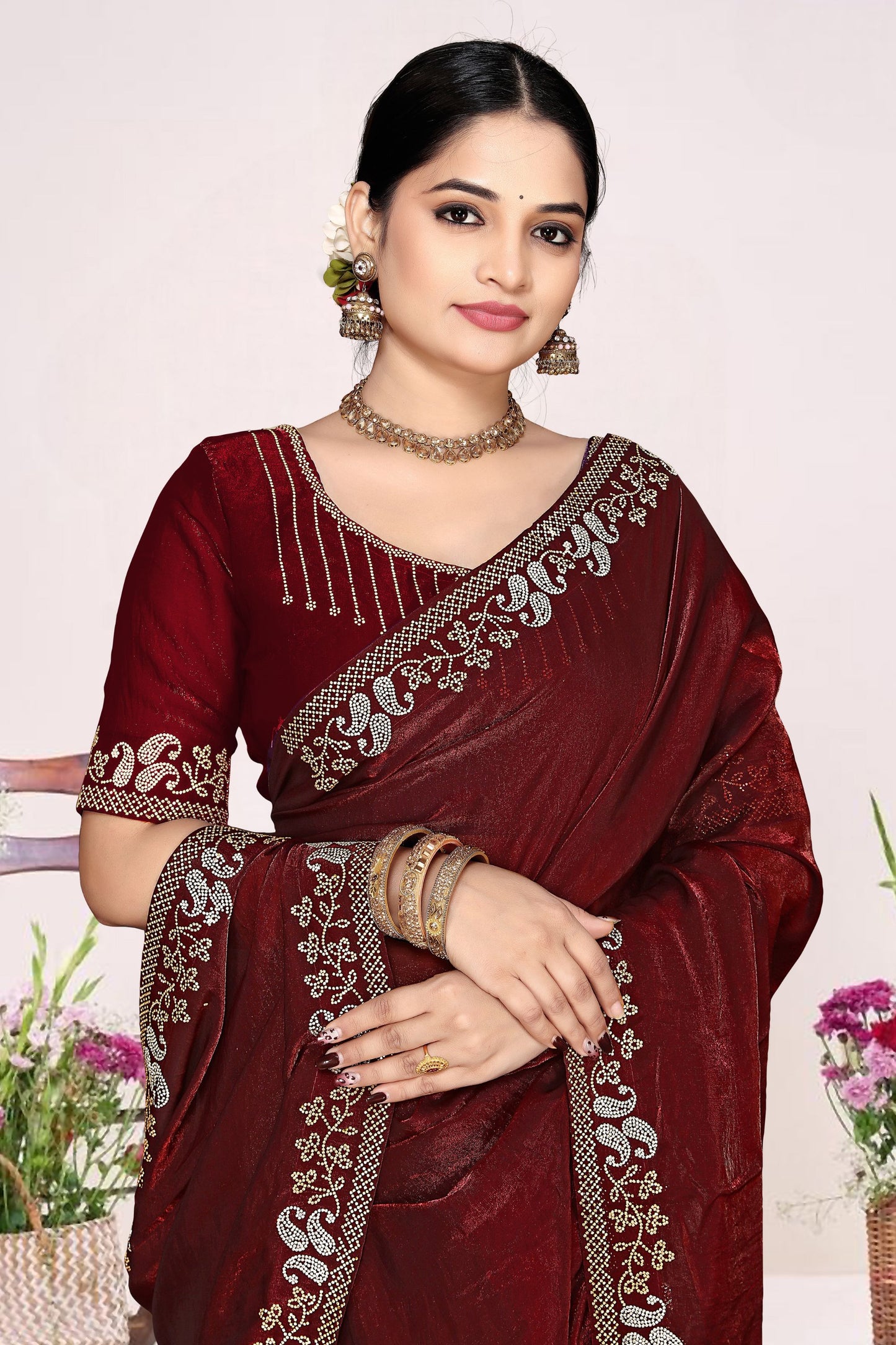 Maroon Georgette Embroidered Saree with Designer Blouse