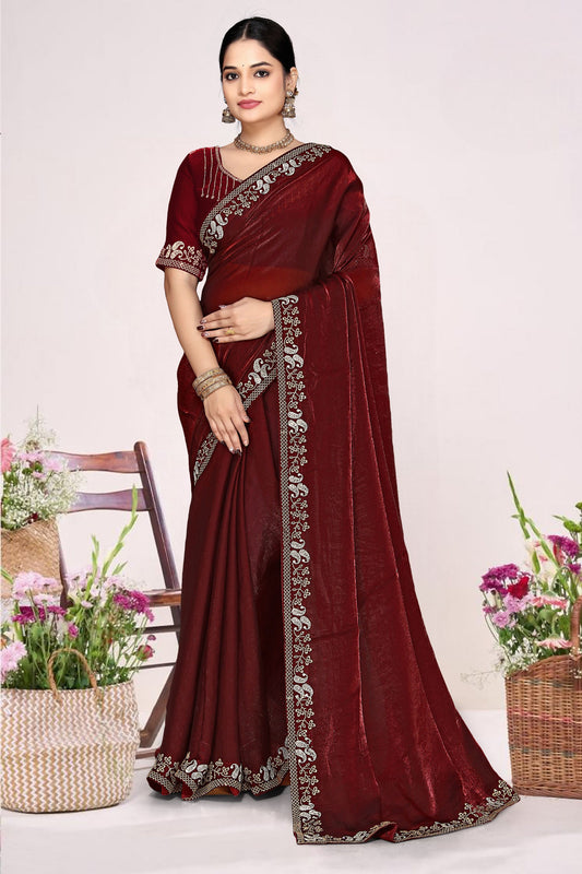 Maroon Georgette Embroidered Saree with Designer Blouse