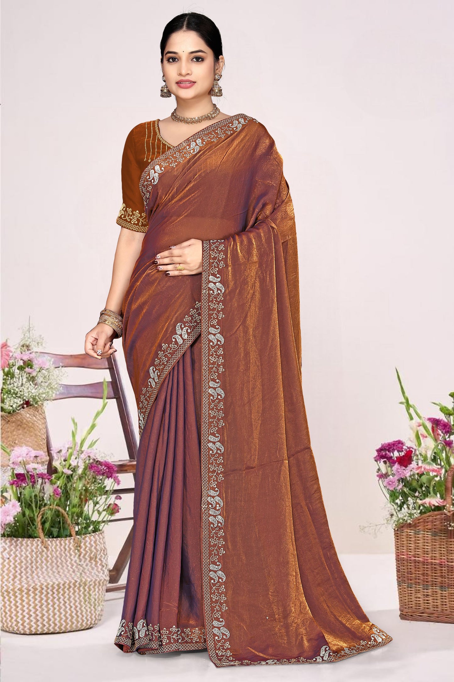  Copper Brown Silk Blend Embroidered Saree with Designer Blouse 