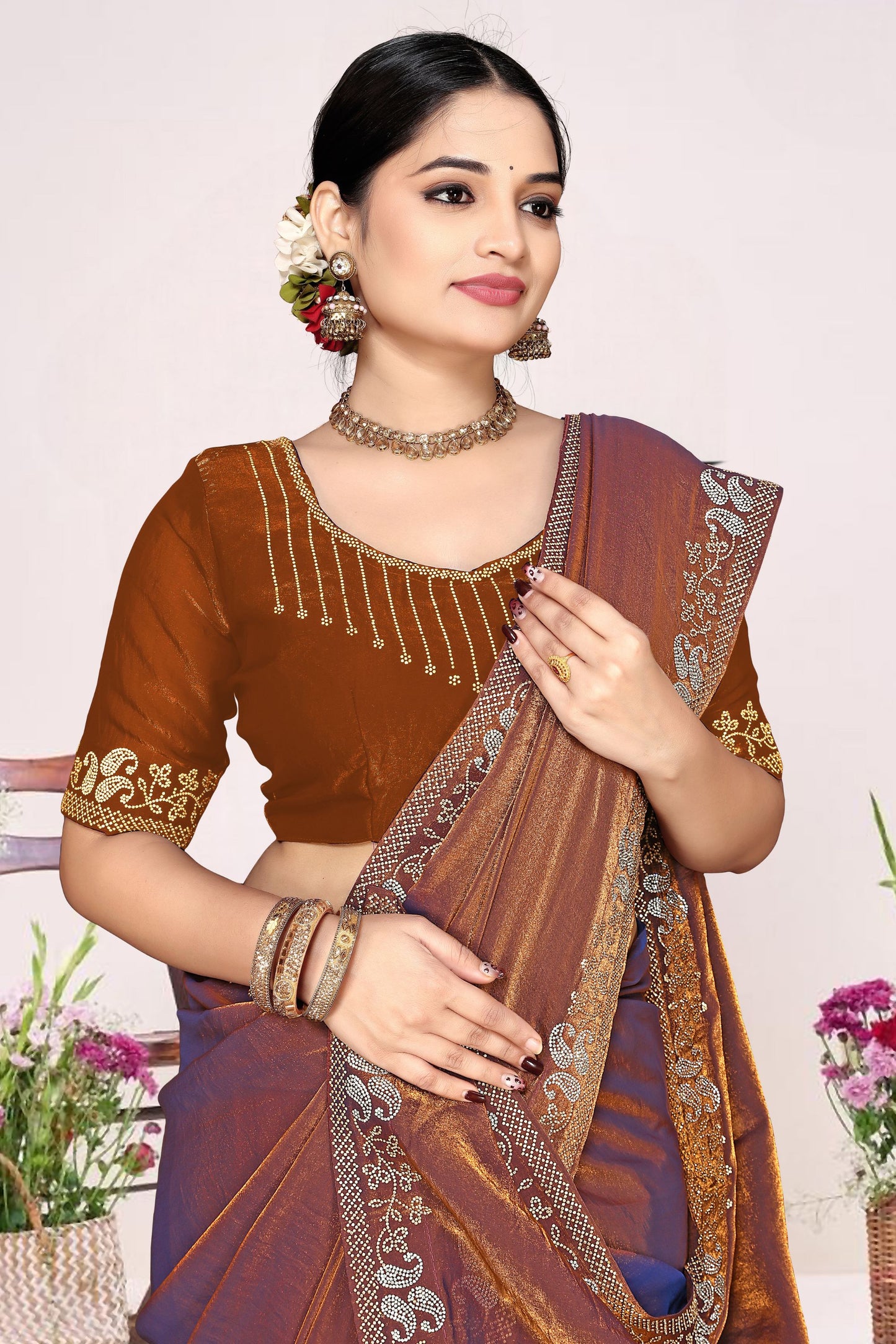 Copper Brown Silk Blend Embroidered Saree with Designer Blouse