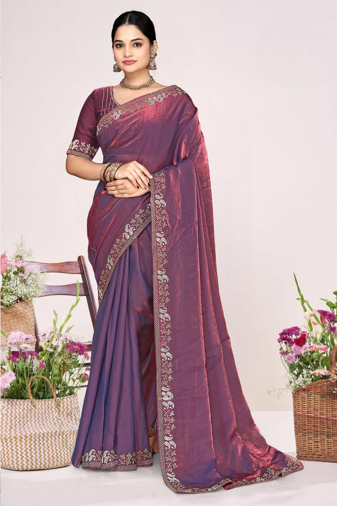 Wine Purple Silk Blend Embroidered Saree with Designer Blouse