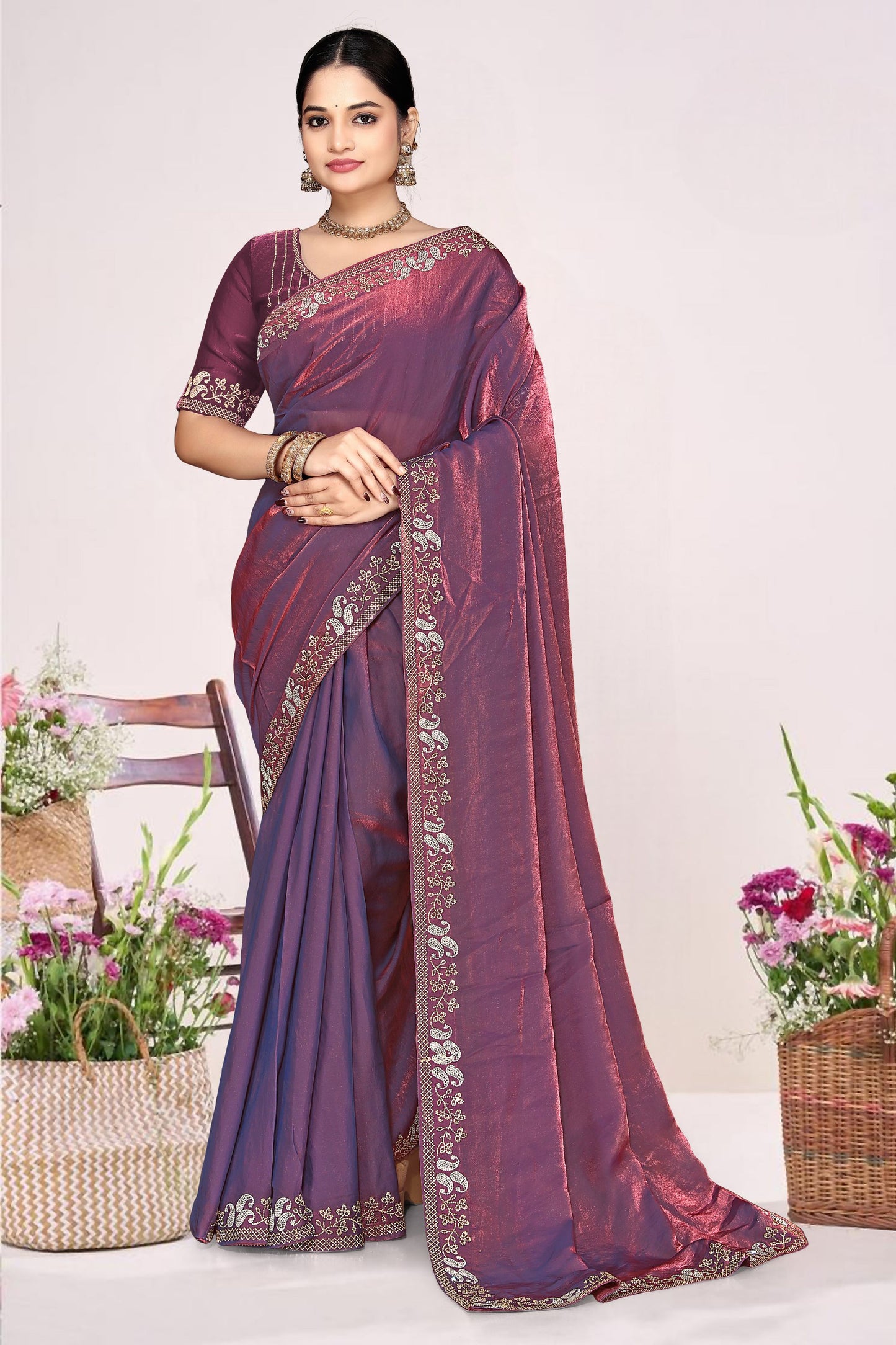  Wine Purple Silk Blend Embroidered Saree with Designer Blouse