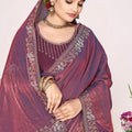 Wine Purple Silk Blend Embroidered Saree with Designer Blouse