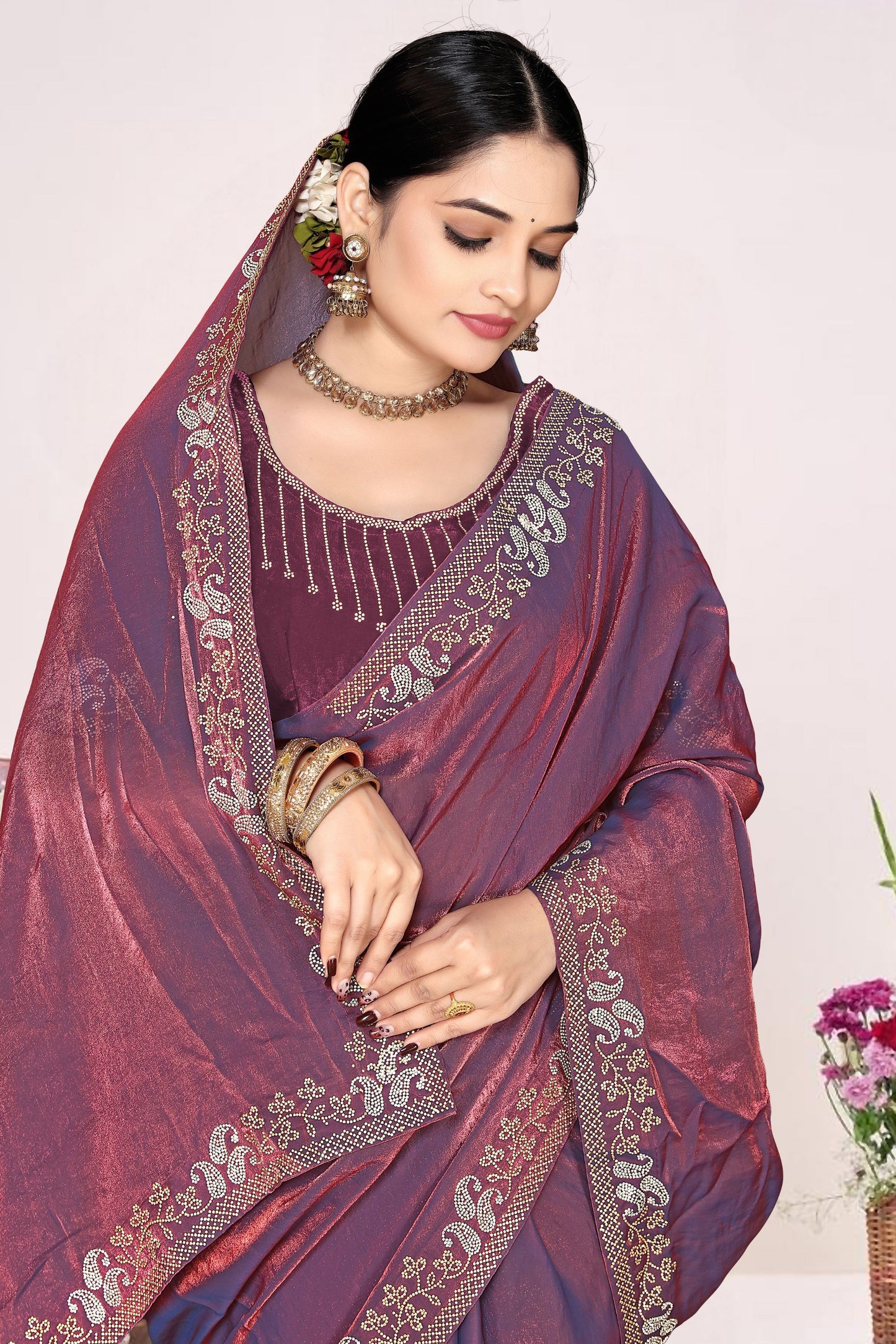 Wine Purple Silk Blend Embroidered Saree with Designer Blouse