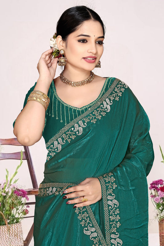 Bottle Green Silk Blend Embroidered Saree with Designer Blouse