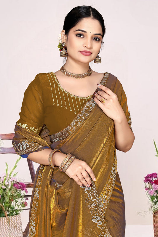 Mustard Gold Silk Blend Embroidered Saree with Designer Blouse