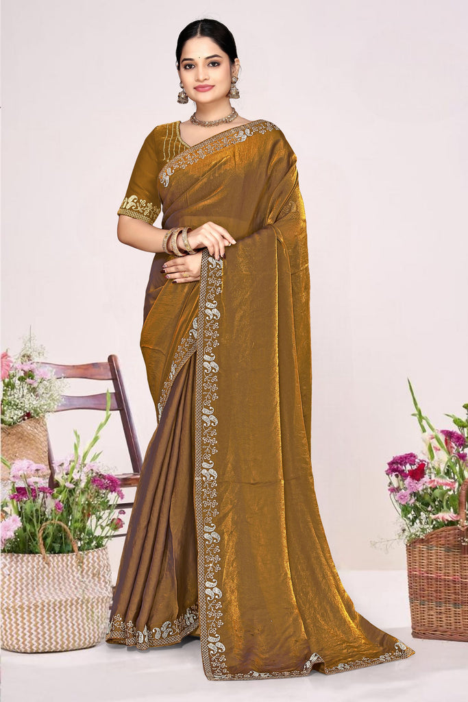 Mustard Gold Silk Blend Embroidered Saree with Designer Blouse