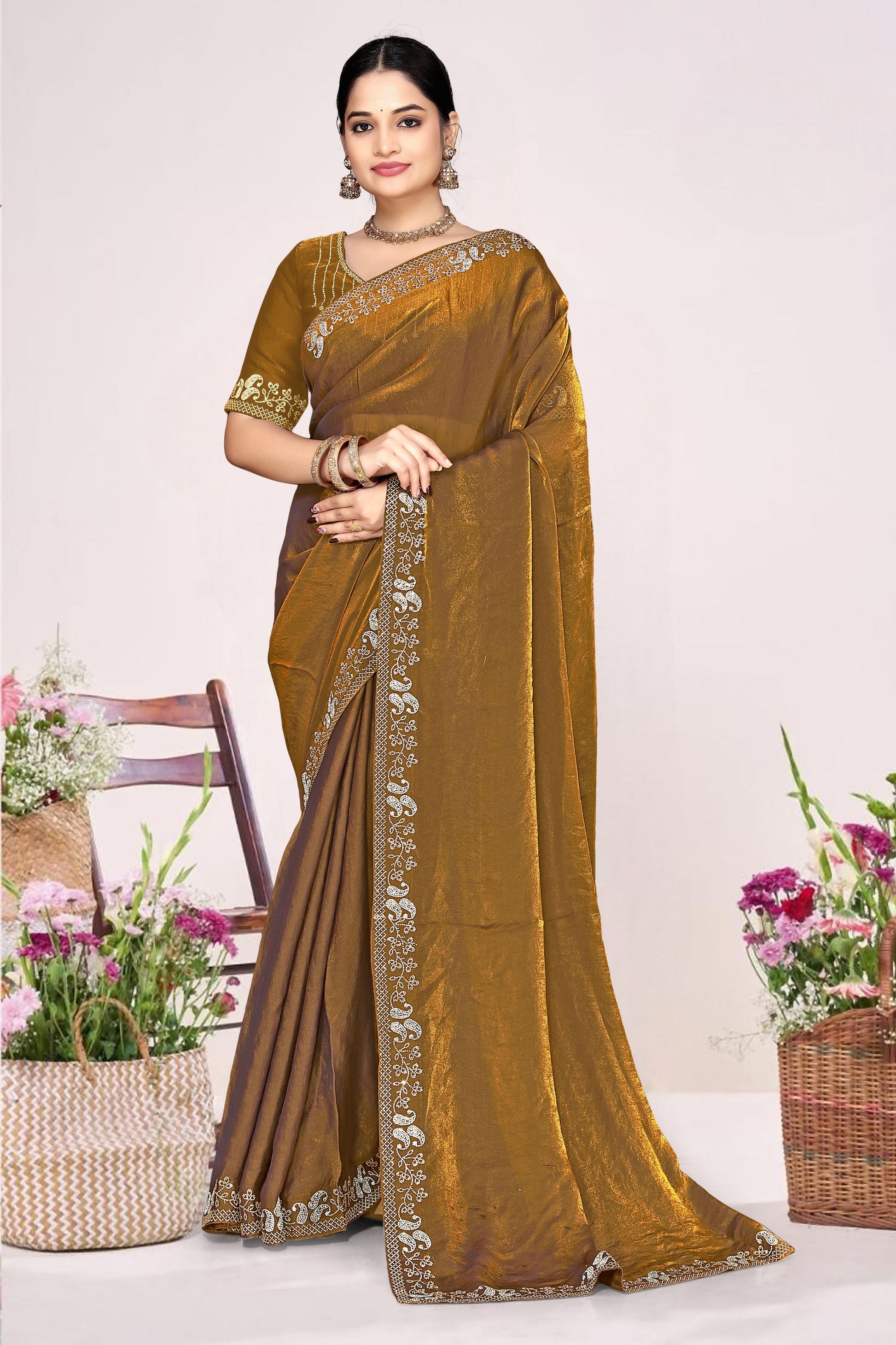 Mustard Gold Silk Blend Embroidered Saree with Designer Blouse