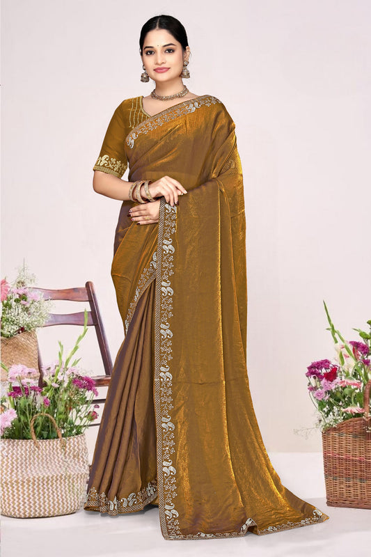 Mustard Gold Silk Blend Embroidered Saree with Designer Blouse