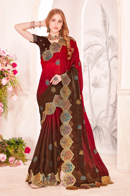 Designer Maroon and Brown Silk Saree with Heavy Golden Border Work