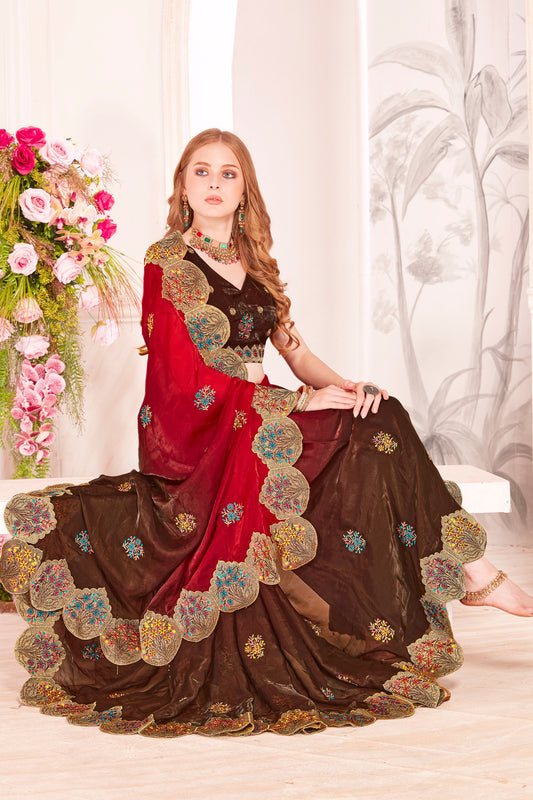 Designer Maroon and Brown Silk Saree with Heavy Golden Border Work