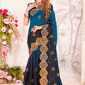 Designer Teal Blue and Black Embroidered Silk Saree 