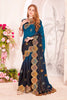 Designer Teal Blue and Black Embroidered Silk Saree 